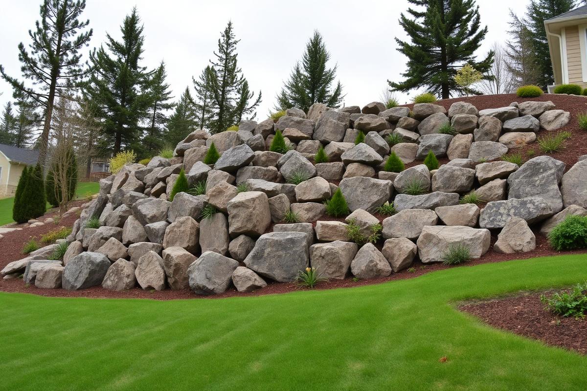 Granite boulder retaining wall built on a hillside in Hayden, ID