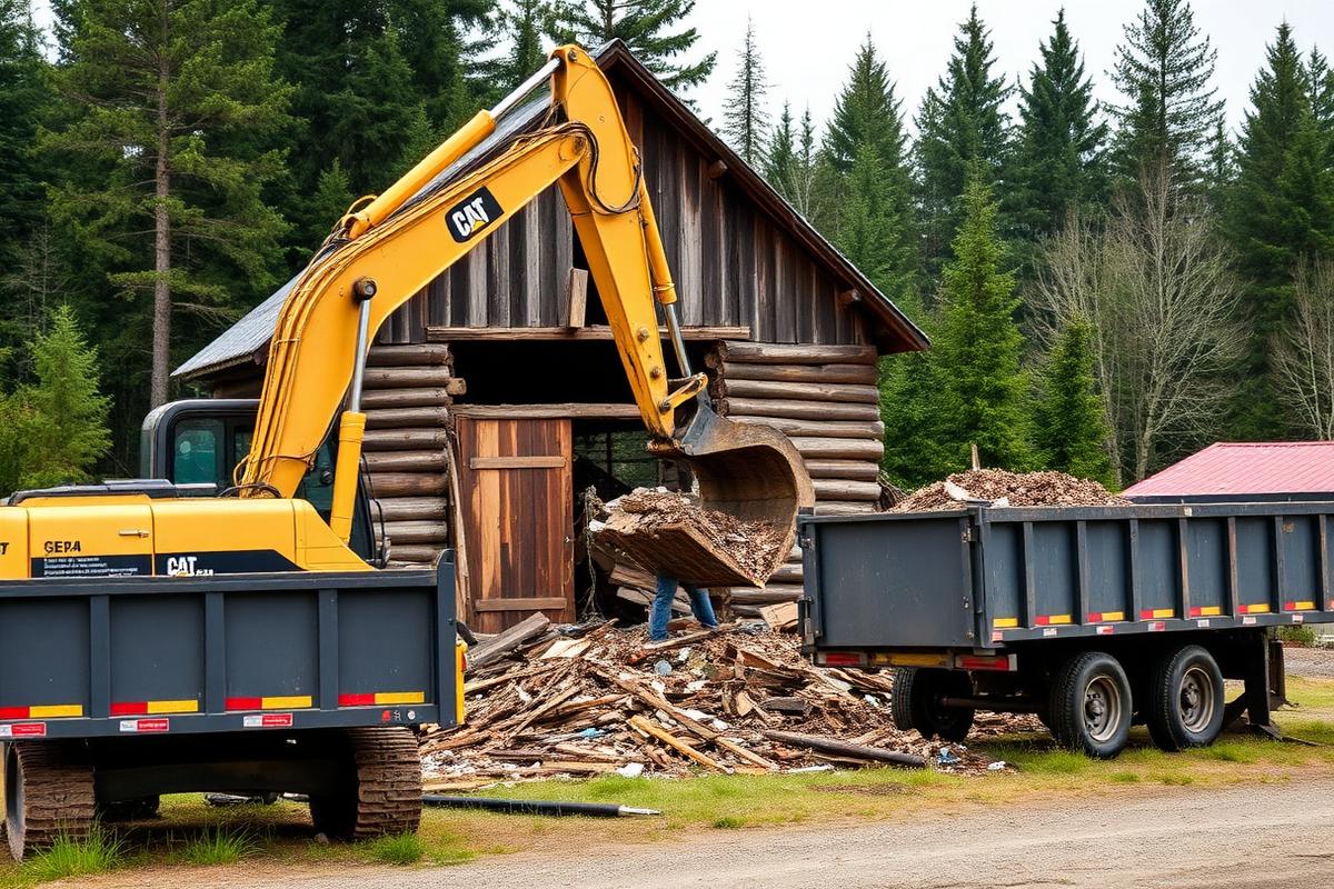 Excavator performing structure demolition on a property in North Idaho