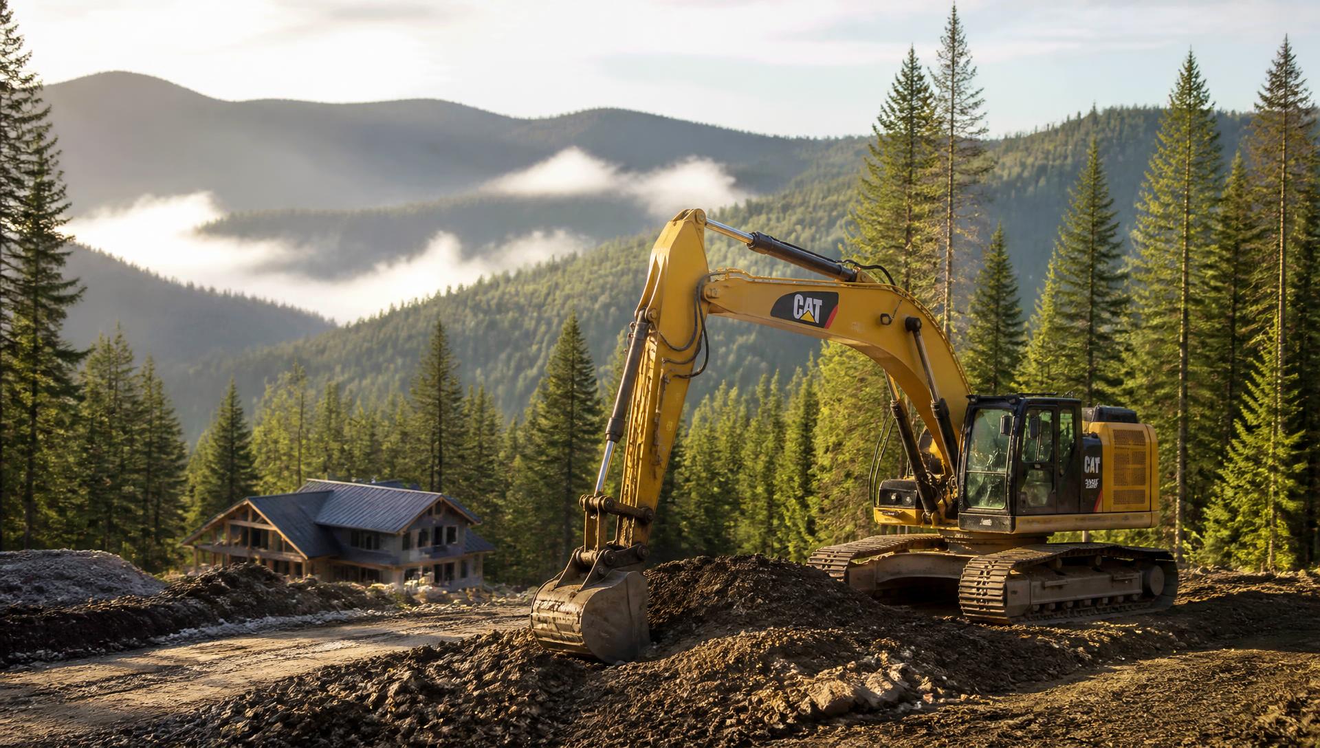 Excavator working on a cleared building site in North Idaho