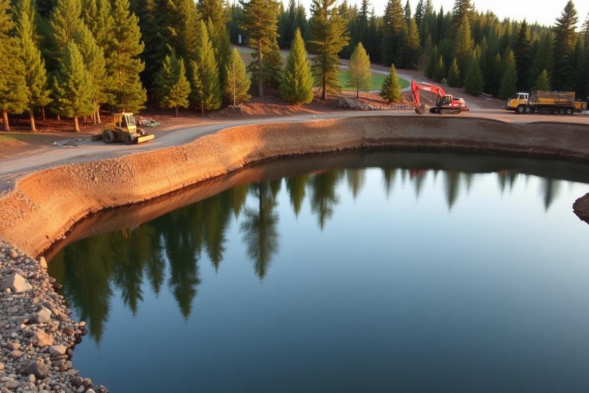 Excavated pond with rock-lined banks on rural property in North Idaho