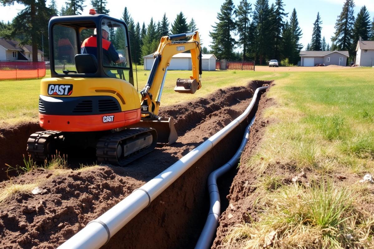 Excavator trenching for underground service line in North Idaho