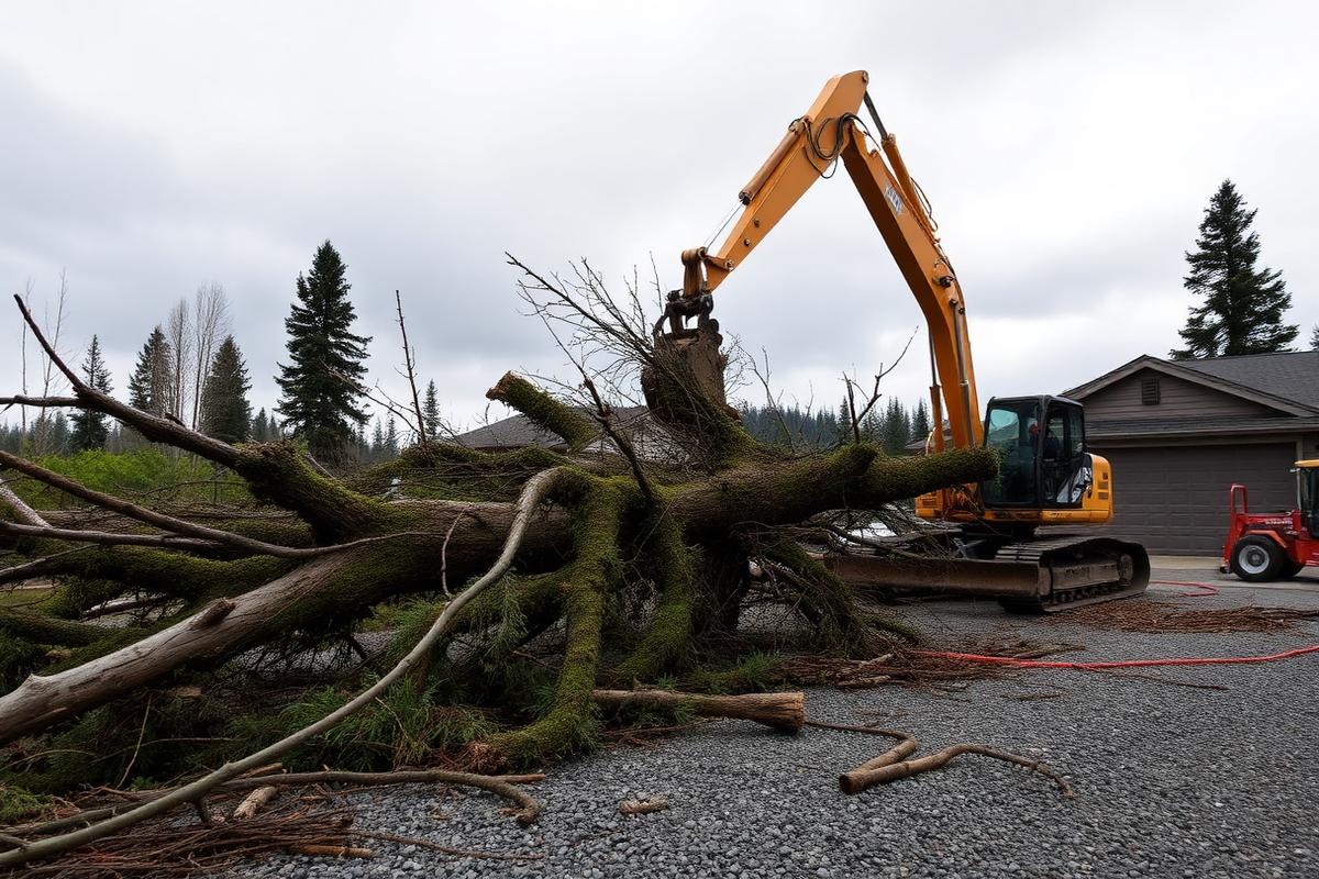 Storm damage cleanup with heavy equipment removing downed trees in North Idaho